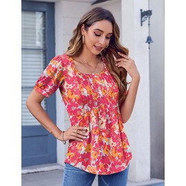 Zeagoo Short Sleeve Shirts for Women Casual Square Neck Summer Tops Loose Fit Modify Tunic Top Floral Red