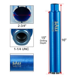 SALI Wet Diamond Core Drill Bits 2-3/4"/70mm Diameter, 15"/380mm Drilling Depth Concrete Core Drill Bit, 1-1/4-7" Thread Core Bit Turbo Laser-Welded Segments with Rebar, Brick, Block, Masonry, Stone