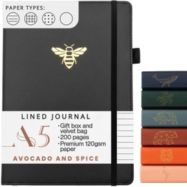 A5 Notebook by Avocado and Spice® with Gift Box & Velvet Bag - A5 Journal Notebook Journals for Women and Men - Travel Journal Hard Back Notebook Lined A5-200 Thick Pages (Black, Lined)