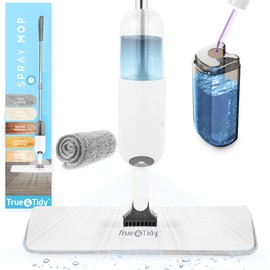 True & Tidy® SPRAY-250 Multi-Surface Spray Mop with Refillable Water Bottle for Floor Cleaning, Works on Wood, Tile, Marble etc, Use Any Cleaning Solution, Machine Washable Microfiber Mop Pads, White