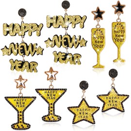 Nosiny 4 Pairs New Years Earrings for Women Happy New Year Drop Dangle Earrings Glitter Star Earrings Trendy Celebration 2025 New Years Holiday Earrings Jewelry