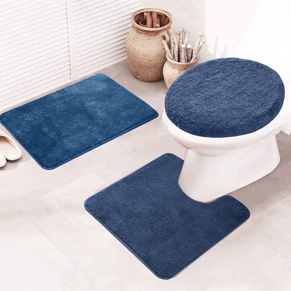 MIFXIN Bathroom Rug Set 3 Piece Shaggy Soft Non-Slip Bath Mats Solid Color Rectangular Floor Mat, U-Shaped Area Rug, Toilet Lid Cover (Blue)