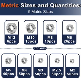 ZQZ 510 Pcs 2 in 1 SAE and Metric Stainless Steel Hex Nut Assortment Kit, 2#56 4#40 6#32 8#32 10#24 10#32 12#24 1/4-20 5/16-18 3/8-16 7/16-14 1/2-13 M2 M2.5 M3 M4 M5 M6 M8 M10 M12 Hardware Nuts Set