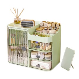 DASITON Makeup Organizer for Vanity,Large Capacity Makeup Storage Organizer with 3-Layer Drawers and Mirror,Cosmetics Display Case Make up Organizers for Vanity,Bedroom,Countertop(Green)