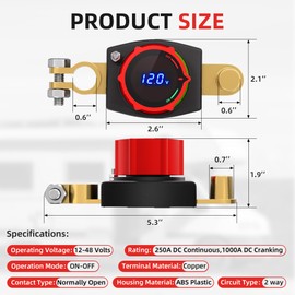 Joinfworld Top Post Battery Disconnect Switch 12V-48V with Led Voltmeter, DC 5-60V Battery Kill Switch Negative On/Off Battery Cut Off Switch for Marine, Cars, Vehicles, RVs and Boats