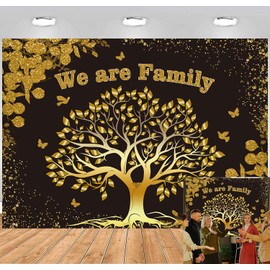 7x5FT Family Reunion Backdrop We are Family Photography Background Black Gold Family Tree Decorations Banner Welcome Home Member Gathering Decor Supplies Props