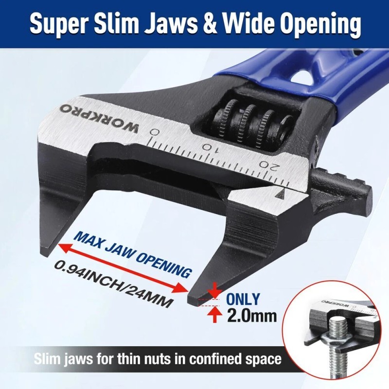 WORKPRO 4" Thin Jaws Stubby Wide Opening Adjustable Wrench w/2mm