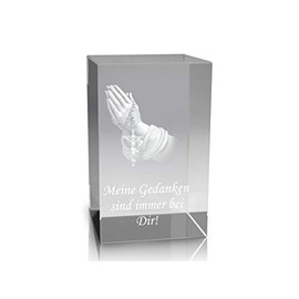 'VIP-LASER 3D Glass Crystal Quader XL with Praying Hands and the German Text "Meine Gedanken sind immer bei dir. – In Glass Engraved Forever