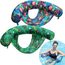 FindUWill Inflatable Pool Floats Chair - 2 Pack Water Floating Pool Chair Adult, Soft Fabric Covered Pool Lounger Float with Sling, Pool Noodles for Adult (Flamingo & Green)