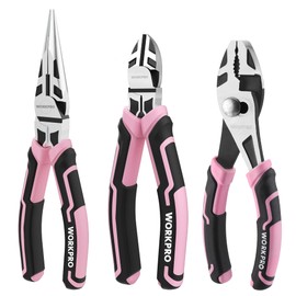 WORKPRO 3-Piece Pliers Set, Pink Tool Set Including Needle Nose & Diagonal Cutting & Slip Joint Pliers for Plumbing, Automotive and General Applications - Pink Ribbon