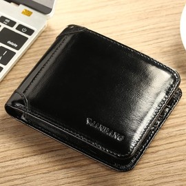 MANBANG 【Genuine Cow Leather】 Brand Men's Wallet Luxury Original Short Tri-Fold First Layer Cowhide RFID Blocking Purse Business Horizontal Fashion (Black)