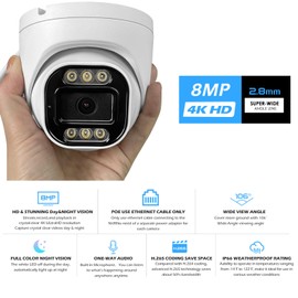 MWRCTV 4K Security Audio Dome Camera 8MP (2160P) Smart Dual Light PoE Turret AI Human Detection 2.8mm 106° Wide Angle Lens Color Night Vision Built-in Mic IP67 Waterproof Compatible with HK/DH NVR