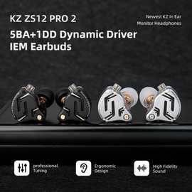 KZ ZS12 PRO 2 in Ear Monitor Headphones,1DD+5BA Hybrid Gaming Earbuds,Wired Clear Earbuds,HiFi Deep DASS EarbudsIEM for Gaming,KZ IEM Earphones with 2PIN Cable for Audiophile (NO Microphone, Black)