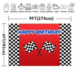 LUCKSTY Car Racing Themed Birthday Backdrops for Photography 9x6FT Racing Flag Black White Grid Red Photo Backgrounds Birthday Party Banner Photo Booth Props LULX024