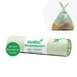 bioMat Compostable 10 Litre Organic Bin Bags with Carry Handle, 26 Bags, Premium Quality, DIN+ Certified, Climate Neutral, Made in Germany