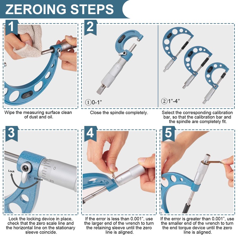 Beaiguna 4PCS Micrometer Set, 0-1"/1-2"/2-3"/3-4" Machinist Outside Micrometer Measuring Tool,
