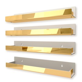 RORKIM 4 Pack 15 Inch Gold Reflective Acrylic Shelves, Gold Foating Shelves, Modern Sunglasses Essential Oil Picture Ledge Display Toy Storage Shelf