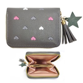 FloraMolly Girls Purses for Kids, Cute Heart Grey Small Purses with Zip Tassel Soft Artificial PU Wallets with Coin Pocket