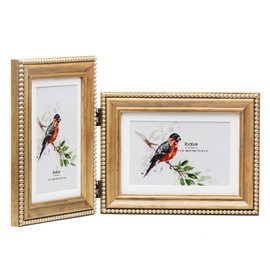 ibalux 5x7 Double Vertical and Horizontal Hinged Picture Frame, Gold Brushing Bead Trim, Vintage Nature Pine Wood Grain with Real Glass, Matted to 4x6, Table Desktop Display Photo Frame