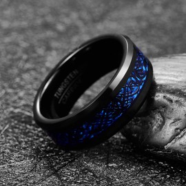TUNGSTORY Tungsten Ring Men's 8 mm Black Carbon Fibre Inlaid Wedding Rings Polished Engagement Ring Motif Ring Comfort Fit Size 54 (17.2) - 67 (21.3)