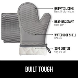 GORILLA GRIP BPA-Free Soft Silicone Oven Mitts and Pot Holders Sets of 4, Heat Resistant Waterproof Cooking Gloves, Thick Cotton Lining, Flexible Gripping for Baking Grilling, Kitchen Trivets, Gray