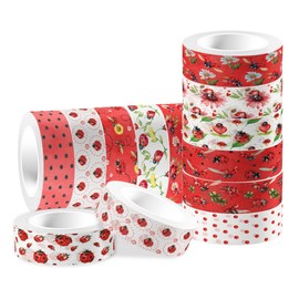 MOZUI 12 Rolls Ladybug Washi Tape Set - 12 Red & Black Insect Decorative Masking Tapes for Journaling, Scrapbooking, DIY Crafts, Gift Wrapping (15mm x 10ft per Roll)