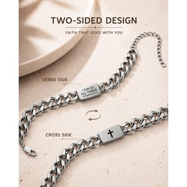 Bible Verse Cross Bracelet For Men, Stainless Steel Cuban Link, Christian Style Men's Bracelet, It Is The Best Gift for A Husband, Boyfriend, Father, Friend, or Brother. 7.8-inch + 2-inch extension chain (Silver)