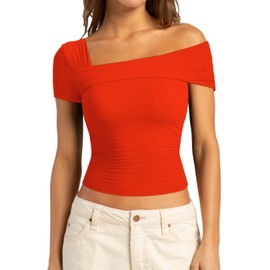 SUUKSESS Women One Off The Shoulder Summer Going Out Tank Tops Ruched Double Lined Casual Short Sleeve Shirts (Red,M)