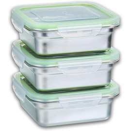 Set of 3 Stainless Steel Sandwich Containers - Food Grade Stainless Steel Metal Base plus a BPA Free, Lock Tight BPA Free Lid with Airtight Silicone Seal. Great for Sandwiches and Snacks - Color: Stainless Steel - Green Lid, Size: 1