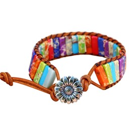 KunBead Women Flower 7 Chakra Imperial Jasper Bracelets Healing Crystal Natural Stone Bead Leather Wrap Yoga Reiki Adjustable Bracelets