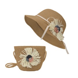 Kids Girls Summer Straw Sun Hat with Shoulder Bag Cute Bowknot Beach Travel Cap Outdoor UPF 50+ Wide Brim Cap Sun Visor Hat, Khakia, One Size