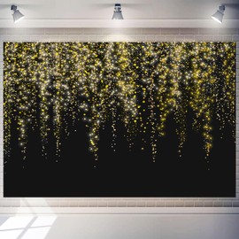 Black and Gold Backdrop 10 x 8 ft Golden Glitter Photography Background Polyester Fabric Banner Sparkle Sequin Bokeh Portrait Picture Props for Happy Birthday Disco Glow Graduation Party Decoration