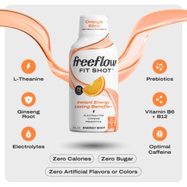 Freeflow Fit Energy Shots, Orange Slice, Natural Caffeine Boost with L-theanine, Ginseng, Vitamins, Prebiotics, Electrolytes (24 Count, 2oz Shots)