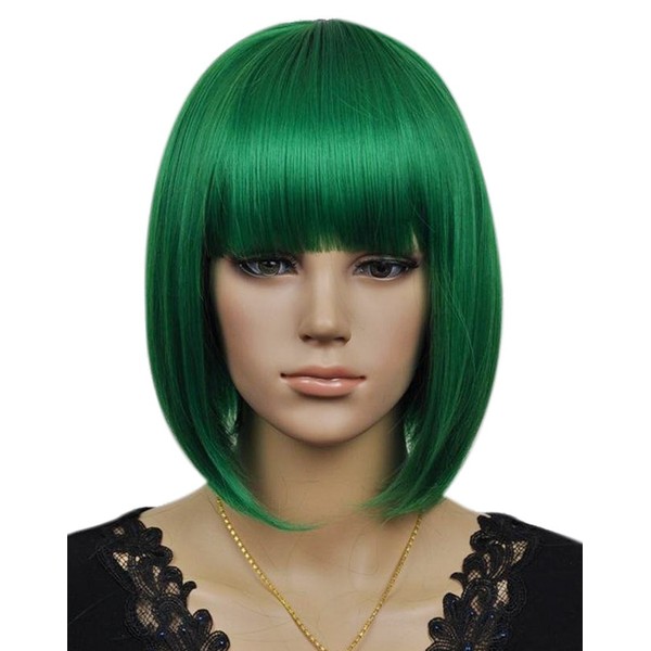 Kalyss Women's Cosplay Party Kanekalon Synthetic Fiber Short Straight Dark Green Bob Hair Full Wigs