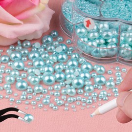 Nail Art Flat Back Half Round Pearl Kits 22, 1 Box of 6000 Pcs Flat-Back Light Blue Pearl with Tweezer and Picker Pencil for Home DIY Nails Body Face Craft and Salon Use