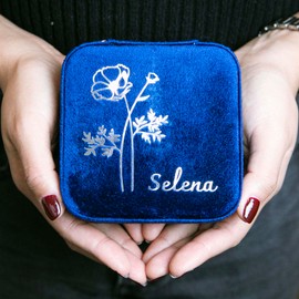 Customizable Compact Velvet Jewelry Box with Mirror, Travel Jewelry Case, Travel Jewelry Organizer, Jewelry Box for Women and Girls, Small Jewelry Organizer (Flower Design, Winter Blue)