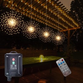 4 Pcs 800LED Solar Starburst Sphere Lights,Firework Light Remote Control Timer 8 Modes Dimmable Waterproof Hanging Fairy Lights, Sparkly Light for Patio Garden Tent Outdoor(Warm White)