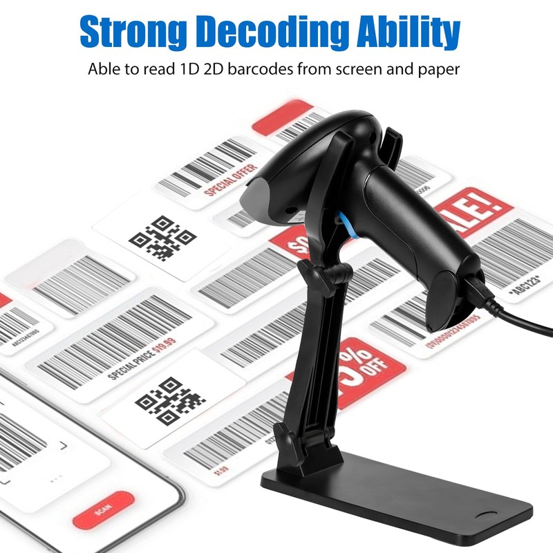 Rabitpos QR Code Scanner with Foldable Stand, 1D 2D Barcode