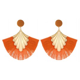 Boho Thread Tassel Earrings for Women Fan Fringe Dangling Earrings Gold Flower Drop Earrings Lightweight Statement Earring Teen Girls Holiday Jewelry (Orange)