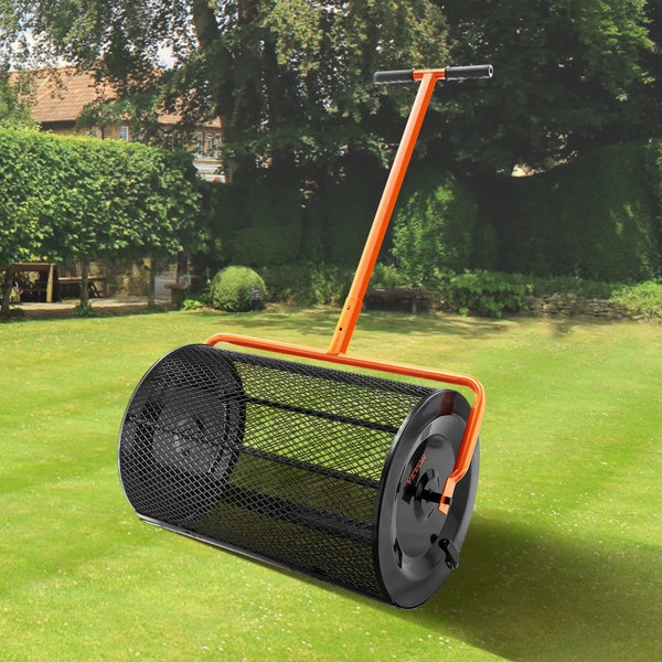 VEVOR Compost Spreader, 24.4-25.6" Height Adjustable Handle, 24" Wide, Lawn and Garden Peat Moss Roller with Side Latches, Powder Coated Steel Mesh Basket for Spreading Manure, Topsoil, Black