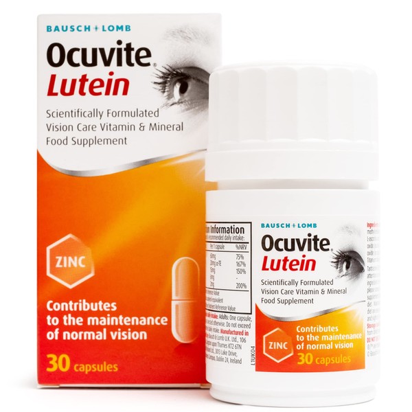 Ocuvite Lutein Supplement, by Bausch + Lomb, Lutein with Zinc, Copper, Vitamin C and E, One Lutein Capsule per Day