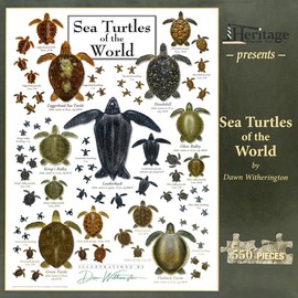 Heritage Puzzle Sea Turtles of The World - 550 Pieces Coastal Theme Jigsaw Puzzles for Adults by Dawn Witherington - Size 24"x18" – Educational Marine Life - Made in U.S.A.