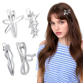 JJUNW 4Pcs Y2K Silver Hair Clips, Silver Star Hair Clips Y2K Hair Accessories, Metal Wave Barrettes, Non Slip Bangs Hair clip for Hair Styling Star Hairclips Cool Hair Barrettes Set (Style B)
