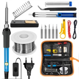 Ysguyyz Lötkolben-Set Mit Einstellbarer Temperatur Und An-/Aus-Schalter – 60-W-Schweißwerkzeugset, 5 Spitzen, Entlötpumpe, Abisolierer, Lötdraht – Kompletter Werkzeugkoffer Im Lieferumfang Enthalten