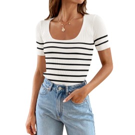 ZESICA Striped Tops for Women Summer Square Neck Tops Basic Tee Shirts Fashion 2024 Trendy Clothes,White, Medium