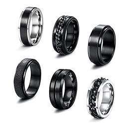 SAILIMUE 6 Pcs 6/8 MM Black Spinner Rings for Men Women Stainless Steel Fidget Ring Anxiety Stress Relieving Chain Fashion Ring Set Wedding Promise Band Rings Size 7-13