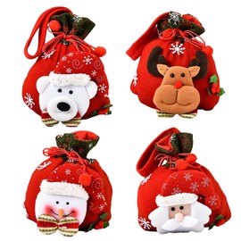 Pack of 4 Christmas Gift Bags, Christmas Drawstring Gift Bag, Candy Bags for Children with Santa, Snowman, Elk, Bear Pattern (22 x 18 cm)