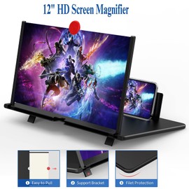 12" Screen Magnifier for Cell Phone,3D Magnifying Projector Screen Enlarger Expander for Movies, Videos, and Gaming, Foldable Phone Stand with Screen Amplifier, Compatible with All Smartphones