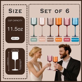 Vintacicle Colored Square Wine Glasses Set of 6, Elegant Ribbed Design Colorful Crystal Glassware with Long Stem, 11.5oz Hand Blown Stemware For Red & White Wine Home Bar Party- Multicolour