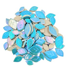 1.1LB Random Iridescent Leaves Ceramics Mosaic Tiles, Making Creative 3 Size Ceramic Mosaic Pieces for DIY Craft,Flowerpots, Vases, Cups, Garden Decor Mosaic Making Supplies (Sky Blue)